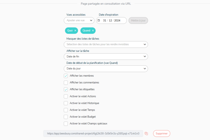 Possibilité de partager la vue Quoi et la vue Quand sous forme de page web