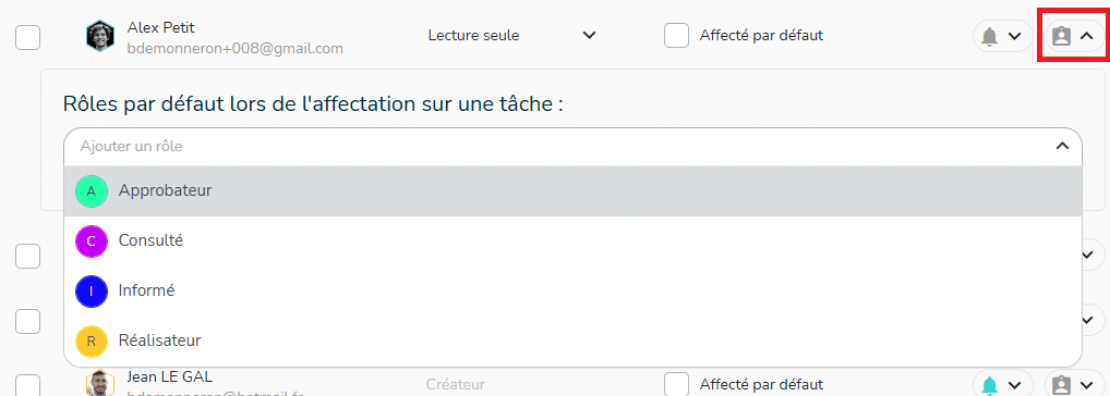 Choix d'un rôle par défaut pour un membre sur le projet